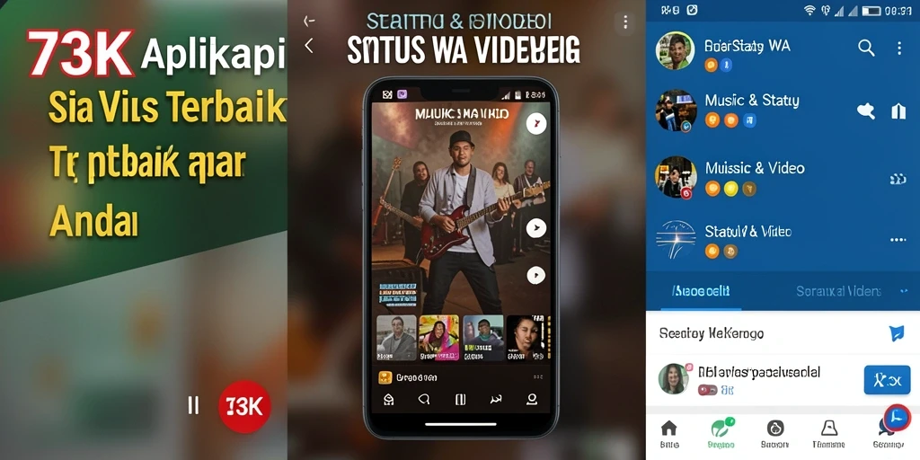 Antarmuka aplikasi 73K dengan pilihan video Status WA yang menarik.
