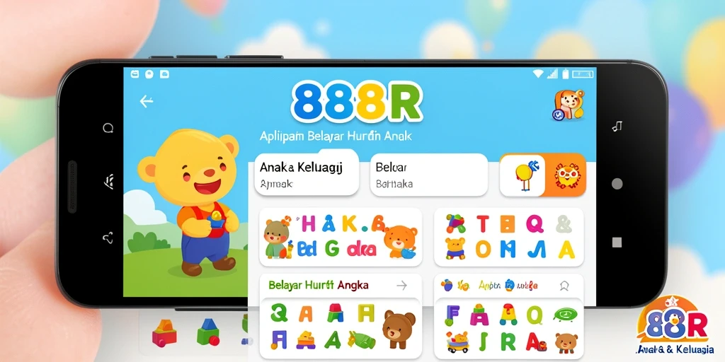 Antarmuka aplikasi 888R yang interaktif untuk belajar huruf dan angka.