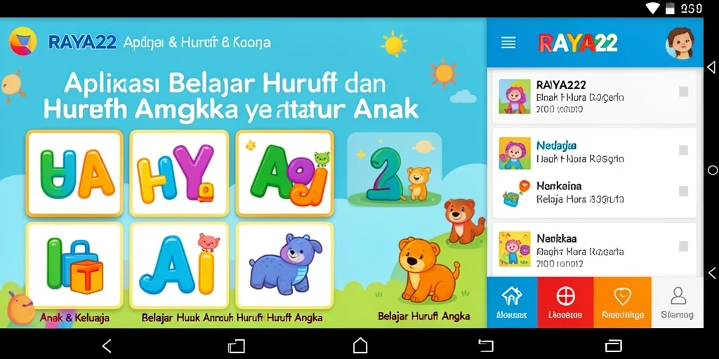 Tampilan antarmuka interaktif RAYA22 untuk belajar huruf dan angka.
